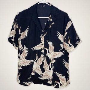 SHEIN Crane Print Black Button Front Semi Sheer Blouse Size Small
